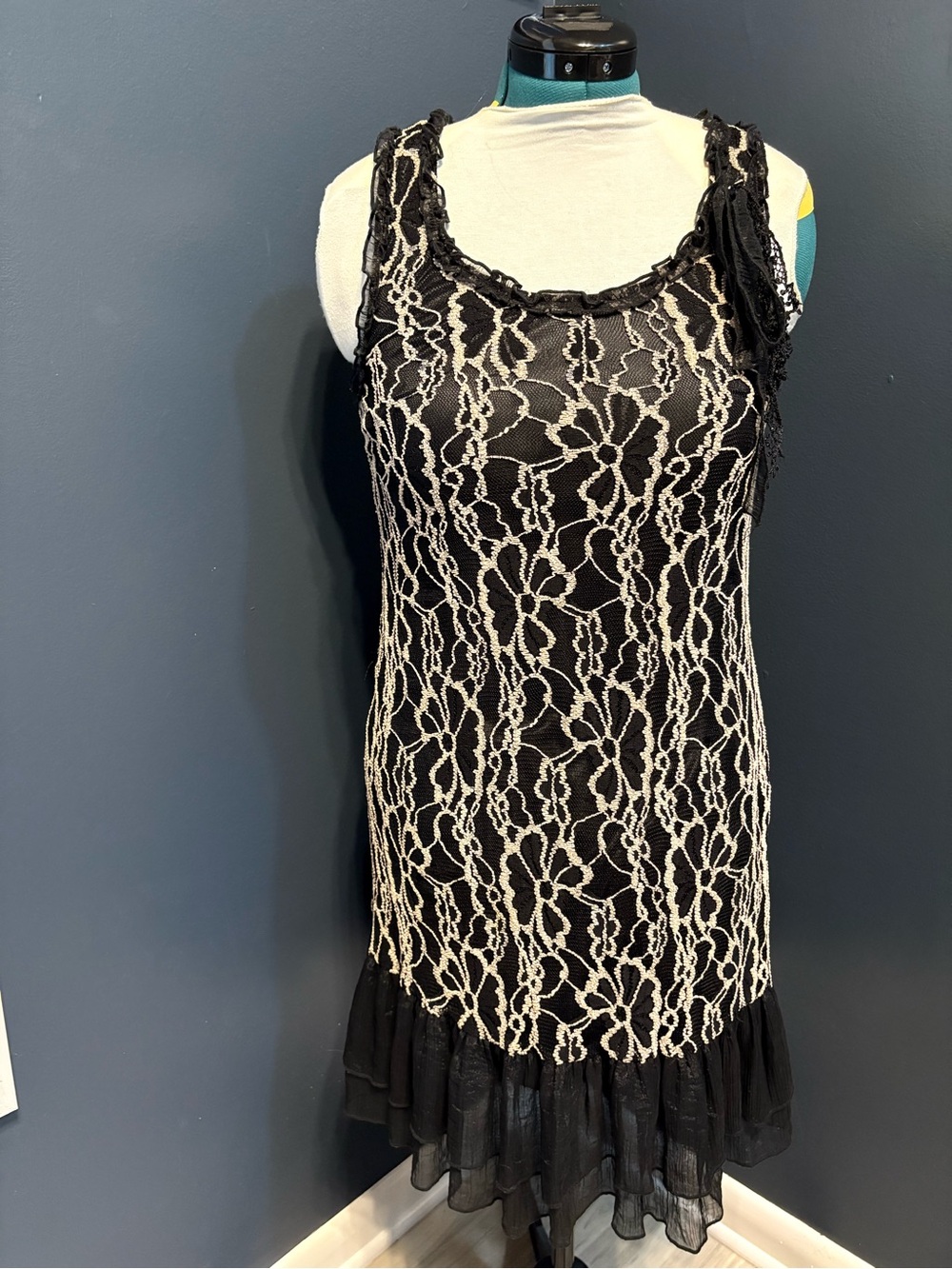 Altar'd State Black Tank with Cream Floral Lace Overlay